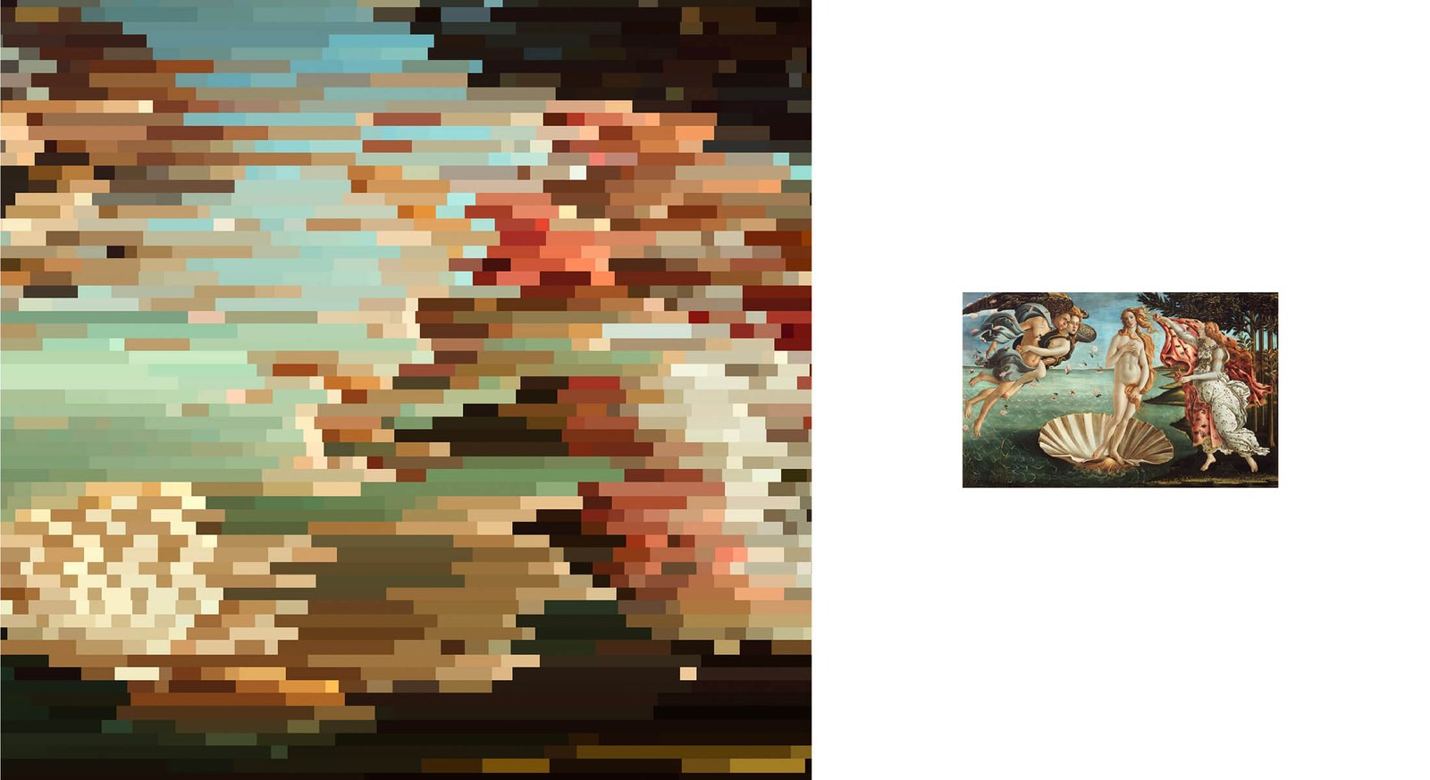 Le principe visuel : « La Naissance de Vénus » de Botticelli pixelisée en grand, à côté de l'œuvre originale.