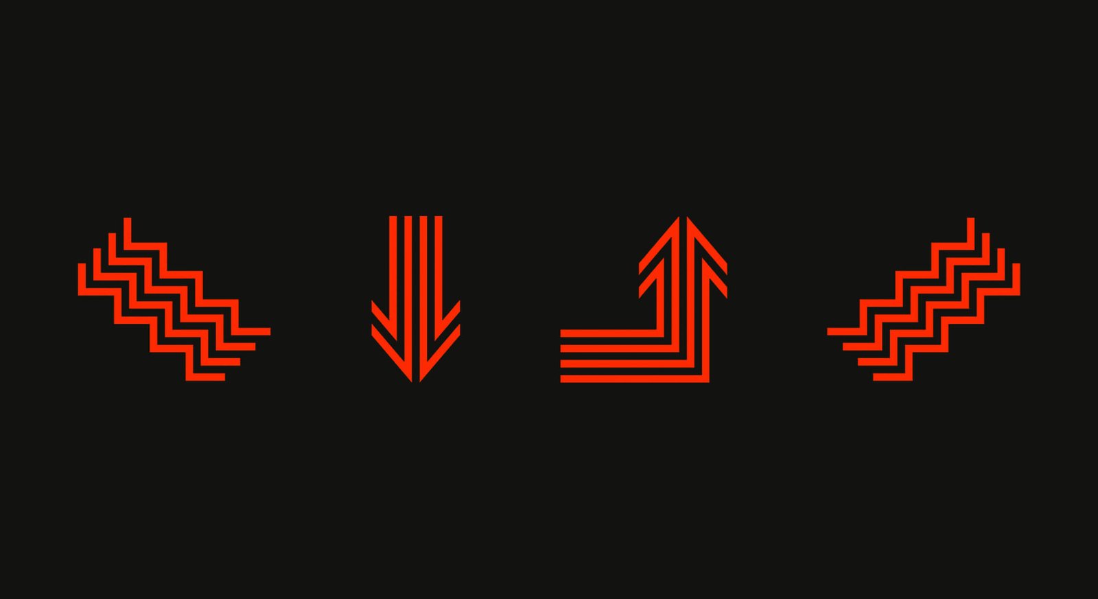 Jeu de pictogrammes fléchés de la signalétique, dessinés en lignes orange sur fond noir.