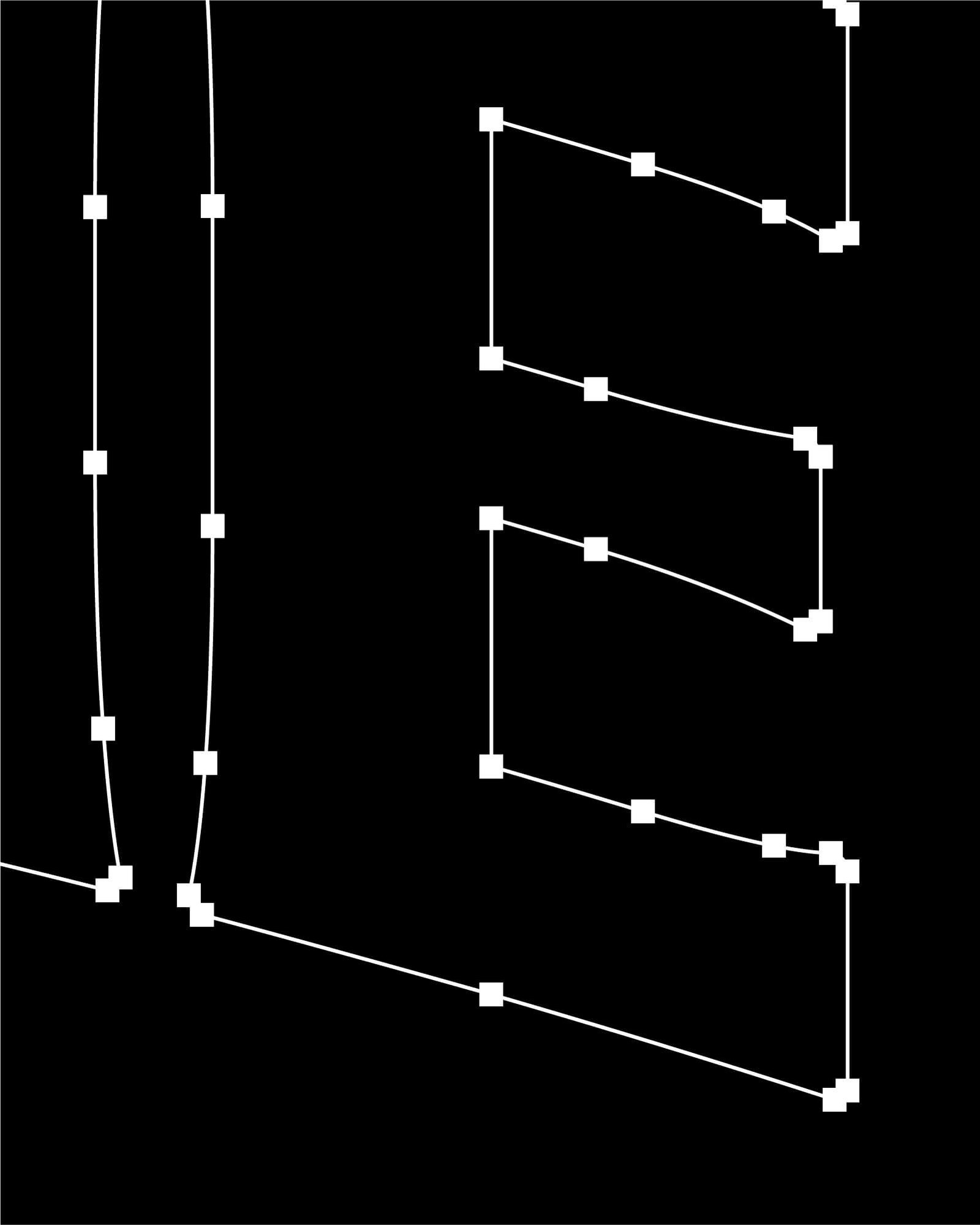 Détail de la construction vectorielle du logotype DIMANCHE : tracés et points d'ancrage sur fond noir.