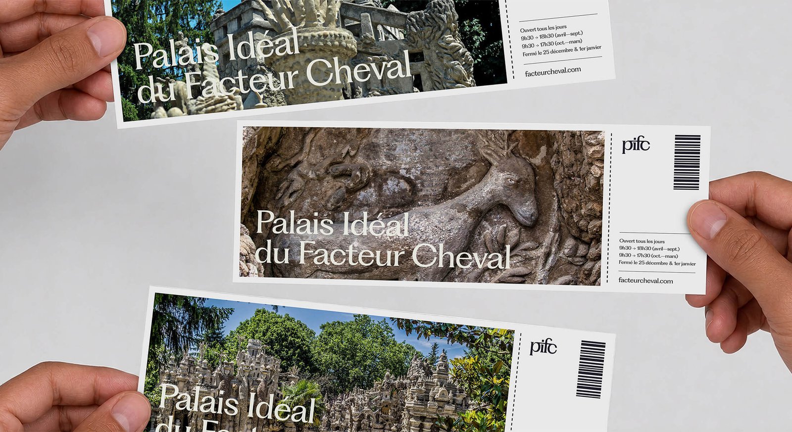 Billets d'entrée du Palais Idéal : photographies du monument, horaires, logotype pifc et code-barres.
